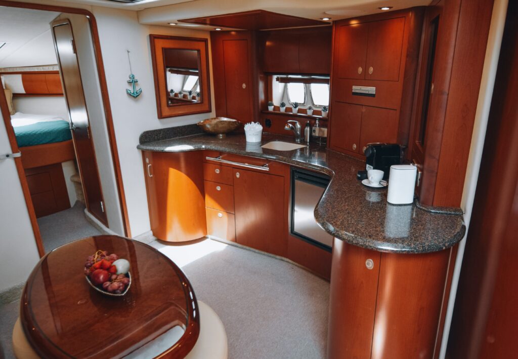 SEA RAY SUNDANCER 455 Melina at Ayia Napa Azure Yacht Club interior view holiday in Cyprus